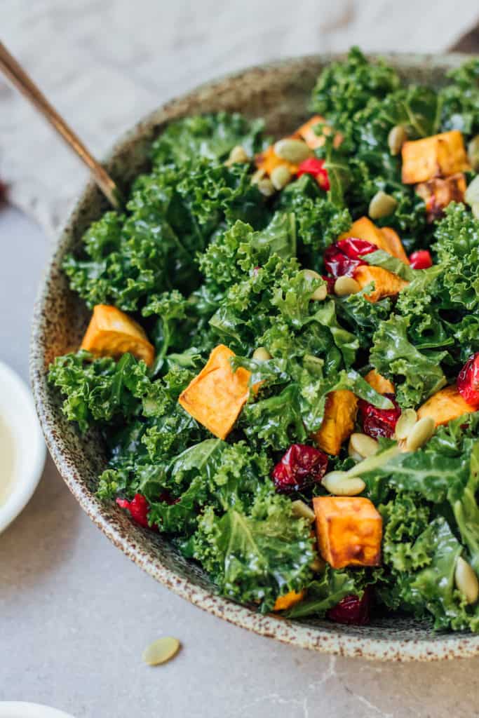 Kale salad with roasted sweet potato and cranberries