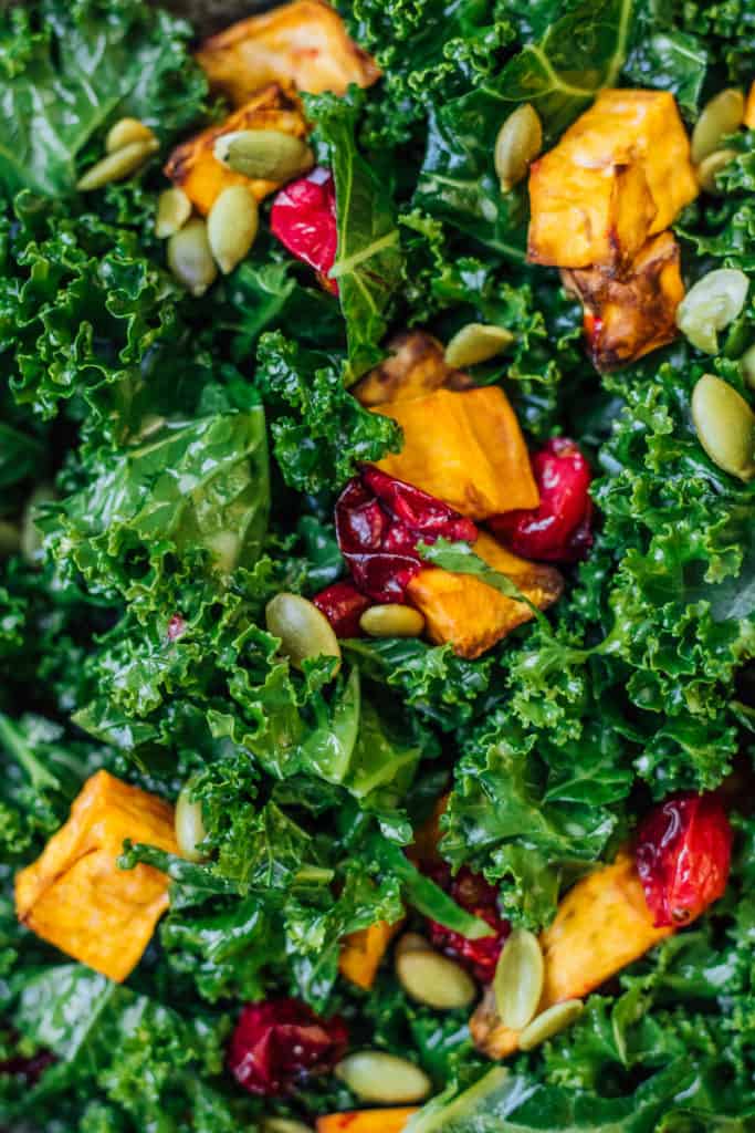 Kale salad with roasted sweet potato and cranberries
