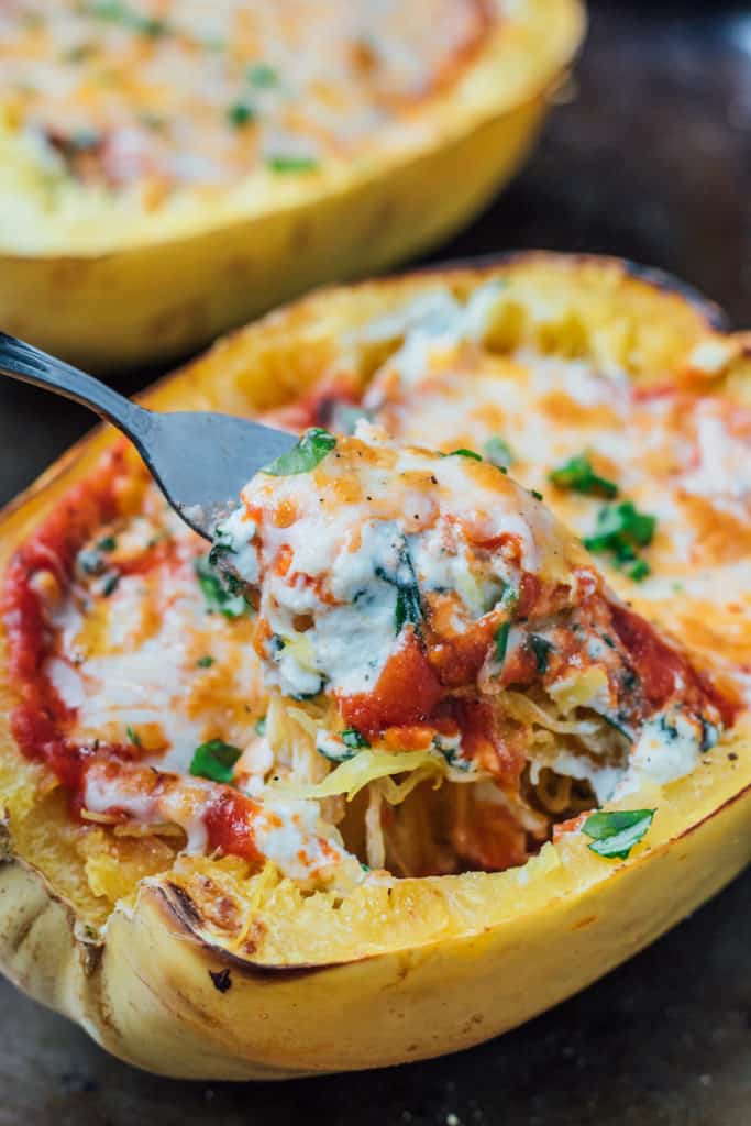 Vegetarian lasagna stuffed spaghetti squash