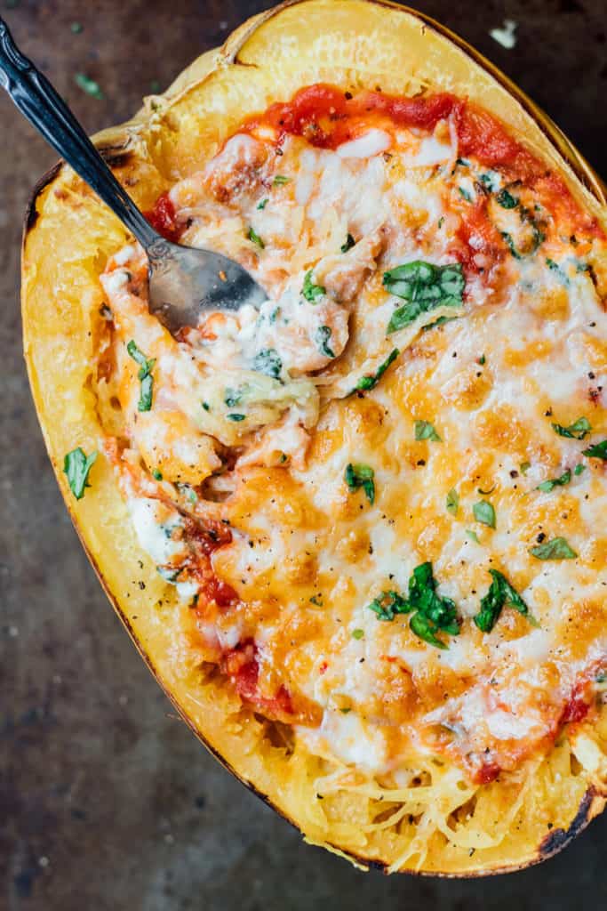 Vegetarian lasagna stuffed spaghetti squash