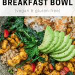 vegan breakfast bowl with avocado, potatoes and chickpeas in a bowl