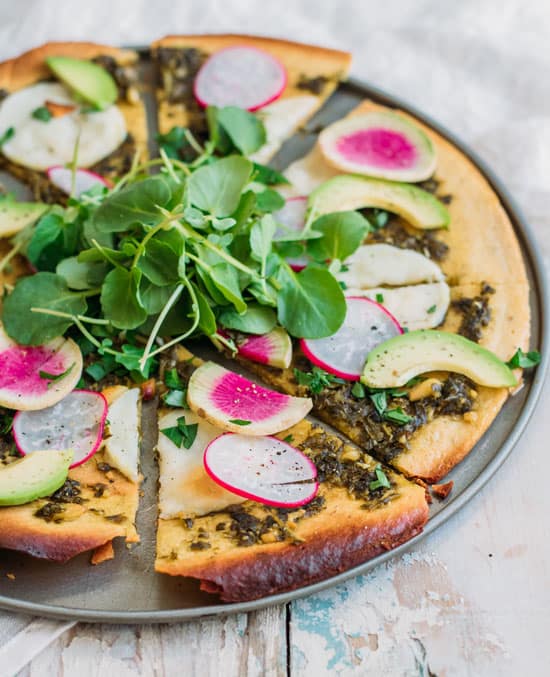 chickpea crust pizza with walnut pesto