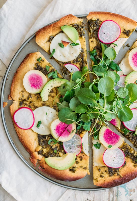 chickpea crust pizza with walnut pesto