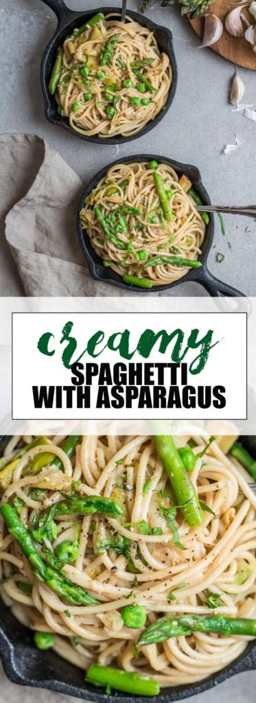 Choosingchia.com| This creamy spaghetti with leeks, peas, and asparagus is the perfect healthy and light pasta dish. It's also vegan and gluten-free!