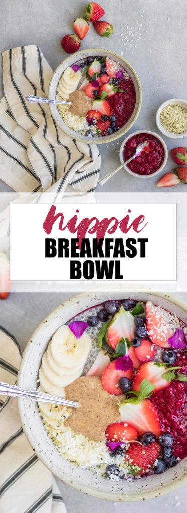 Choosingchia.com- This hippie breakfast bowl is a healthy and nourishing breakfast loaded with chia, berry compote, and almond butter. Healthy and easy to make!