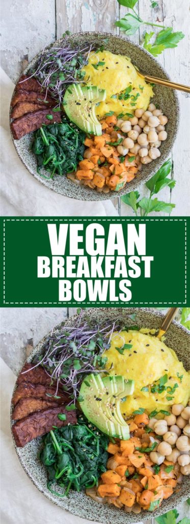 Choosingchia.com| This nourishing vegan breakfast bowl is loaded with tempeh bacon, polenta, and sweet potato hash. easy to make and delicious!