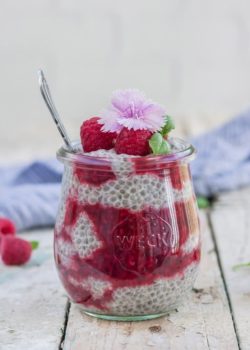 Chia pudding with quick raspberry basil compote