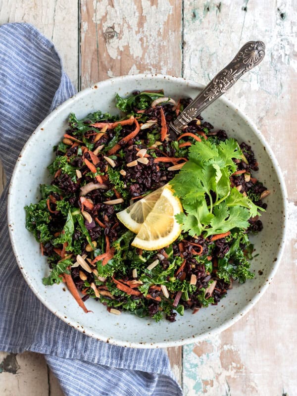 Forbidden rice salad with turmeric and kale