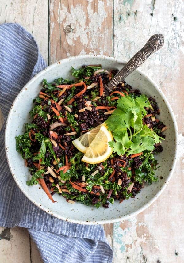 Forbidden rice salad with turmeric and kale