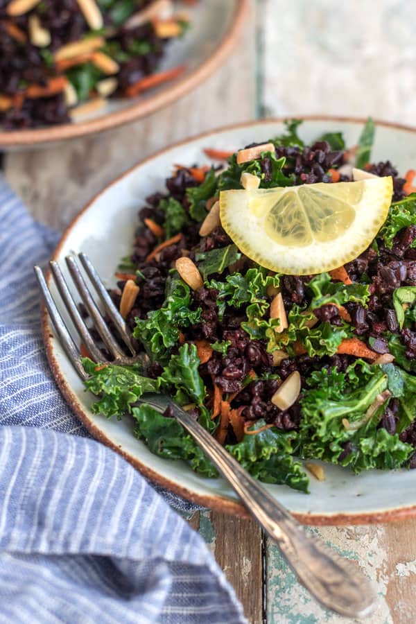 Forbidden rice salad with turmeric and kale