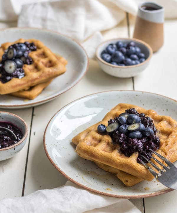 Cornbread waffles with blueberry compote