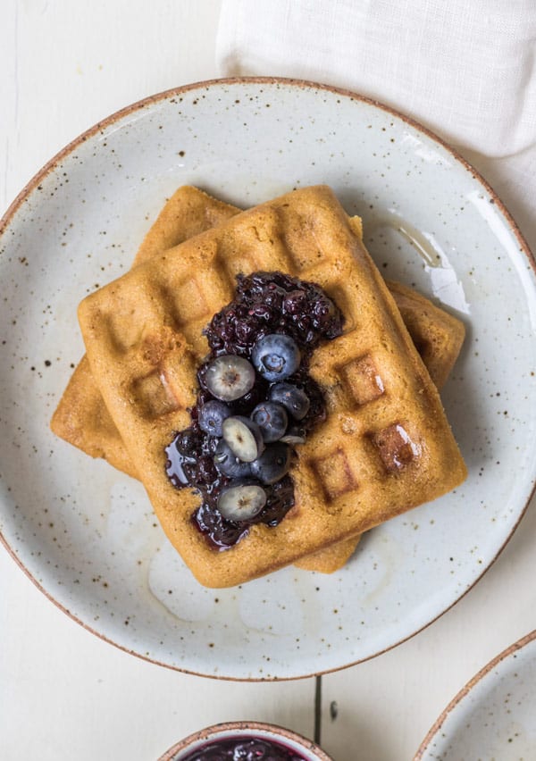 Cornbread waffles with blueberry compote