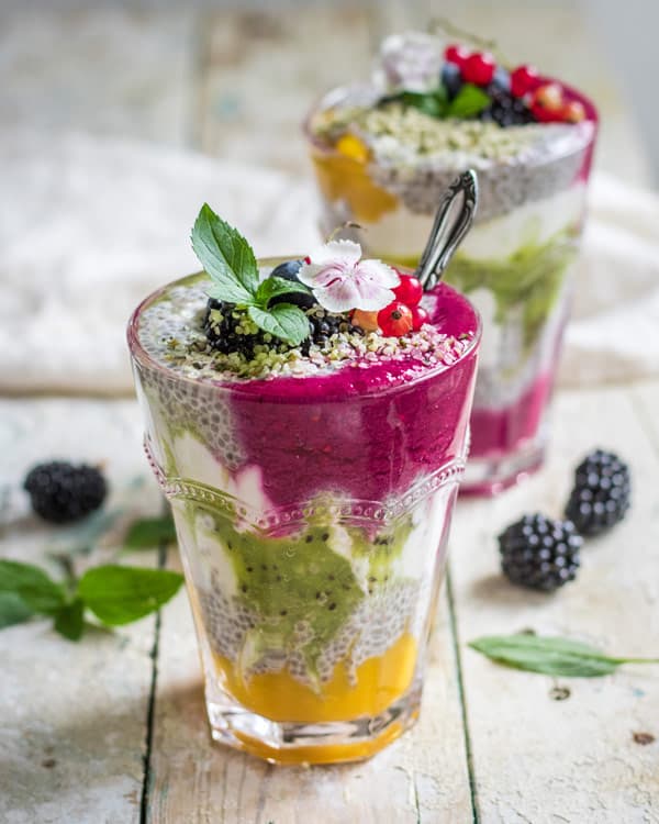 layered chia pudding with mixed fruit puree