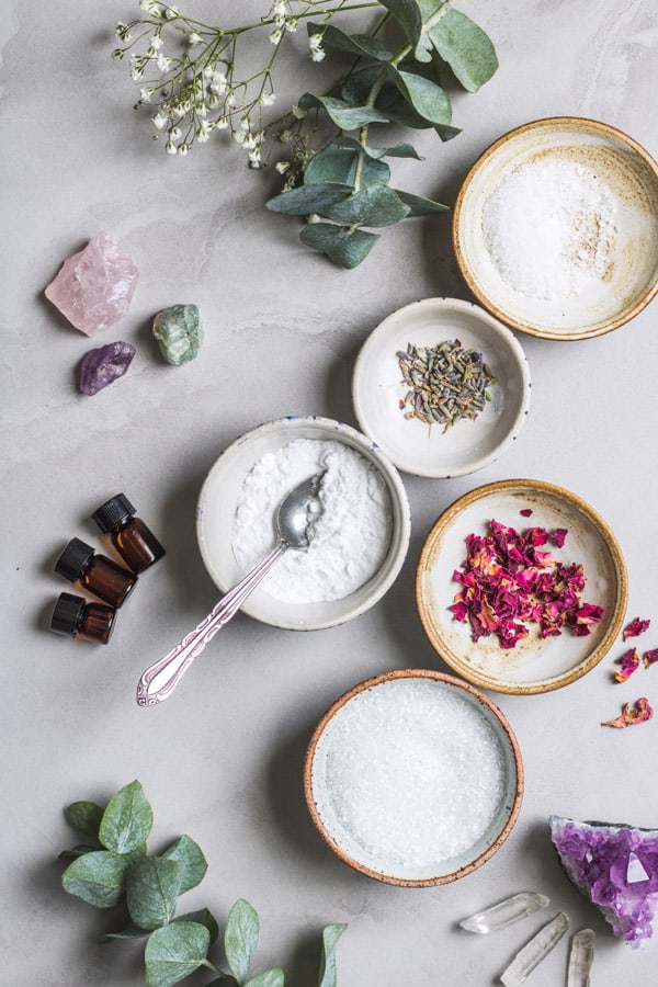 These DIY aromatherapy bath salts are made with epson salt and essential oils to help you relax and relieve stress. You only need 5 ingredients to make these bath salts!