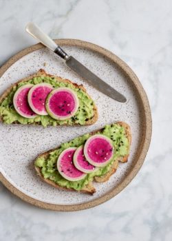 This smashed avocado toast with watermelon radish is a simple and delicious breakfast that only takes 5 minutes to make!