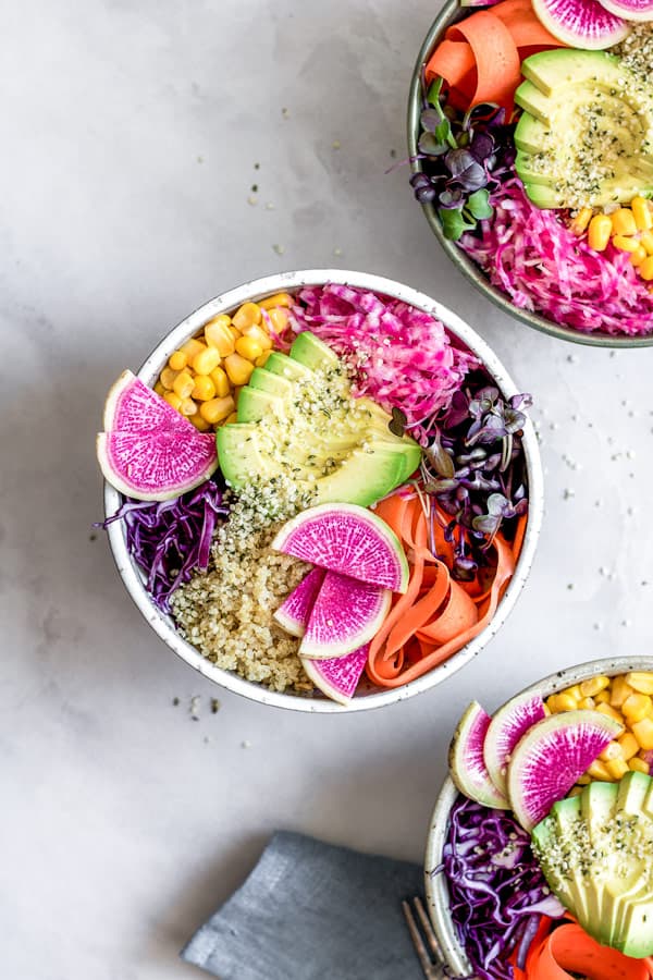 rainbow nourishment bowls with maple tahini dressing