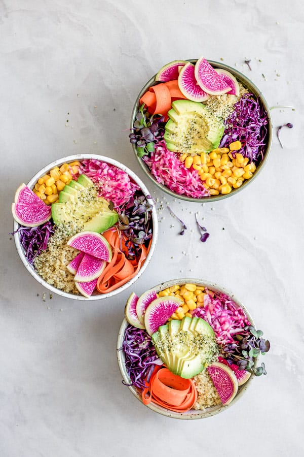 rainbow nourishment bowls with maple tahini dressing