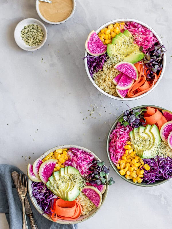rainbow nourishment bowls with maple tahini dressing