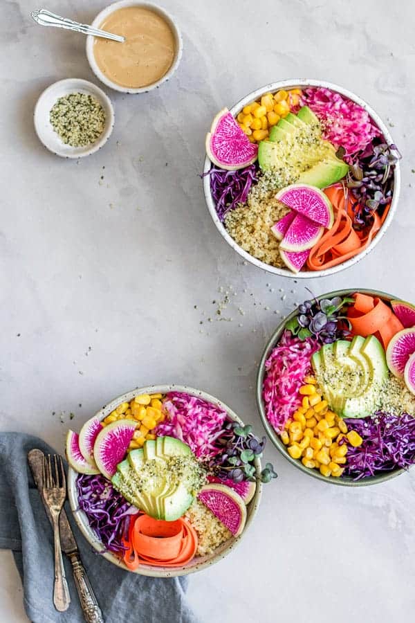 rainbow nourishment bowls with maple tahini dressing