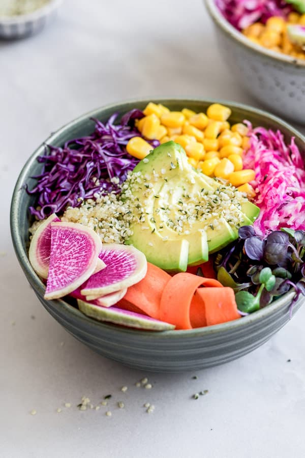 rainbow nourishment bowls with maple tahini dressing