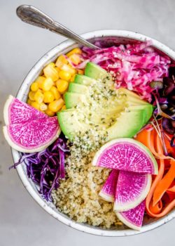 rainbow nourishment bowls with maple tahini dressing