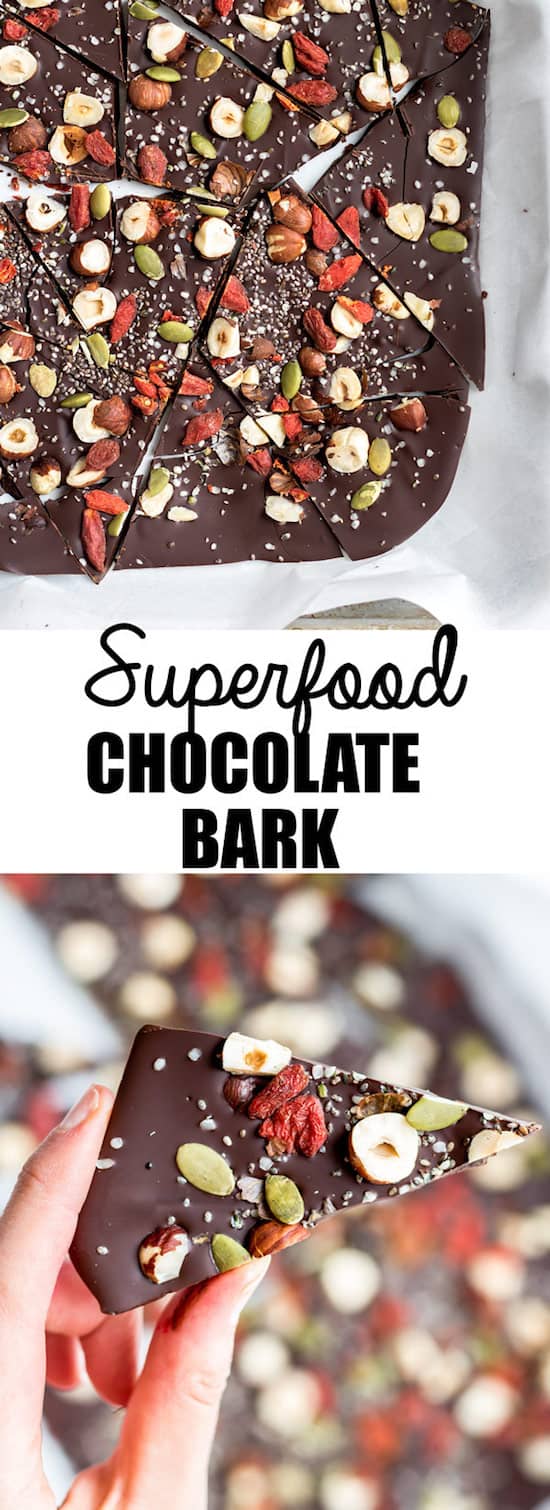 This superfood chocolate bark is loaded with healthy ingredients like goji berries and chia seeds. You won't believe how easy it is to make too!