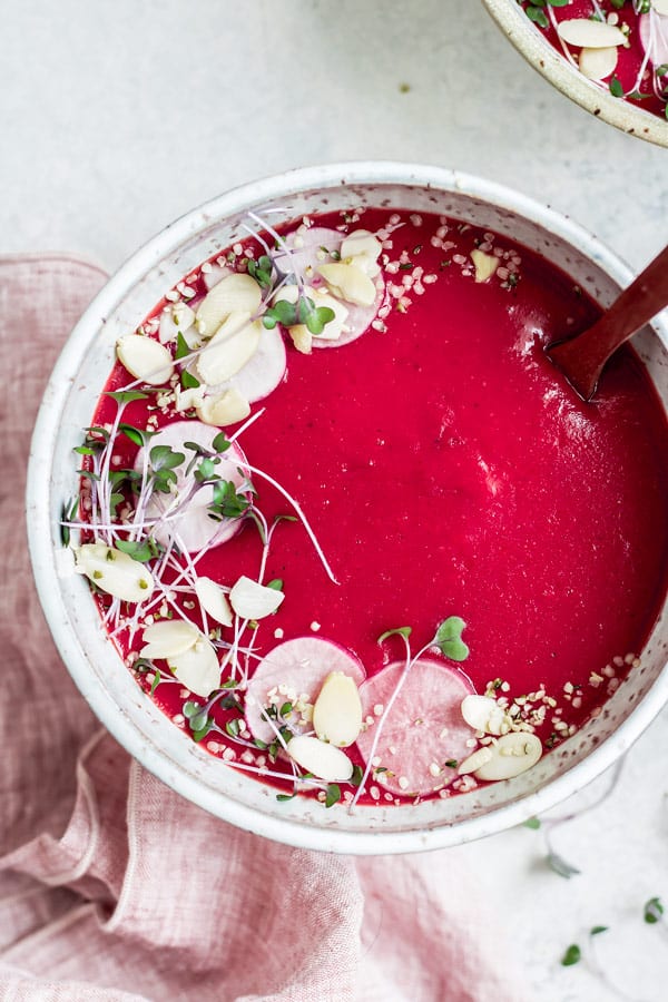 vegan beet, potato, and leek soup