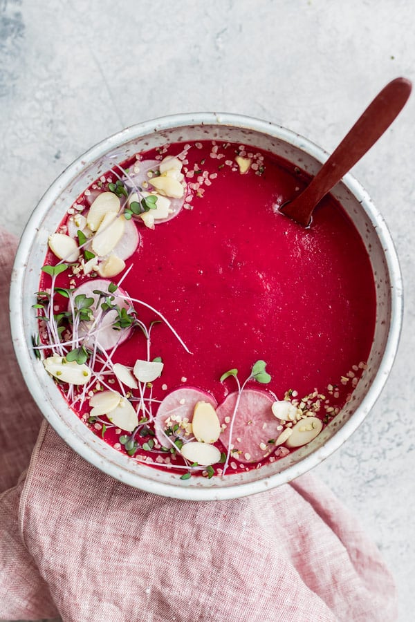 vegan beet, potato, and leek soup