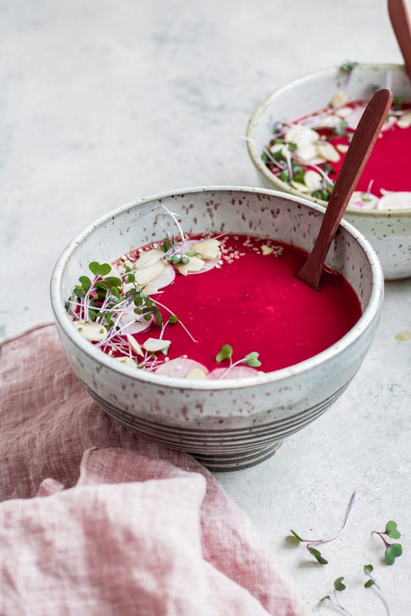 vegan beet, potato, and leek soup
