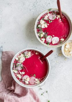 vegan beet, potato, and leek soup