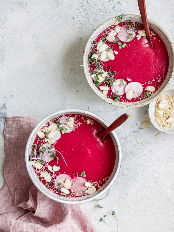 vegan beet, potato, and leek soup