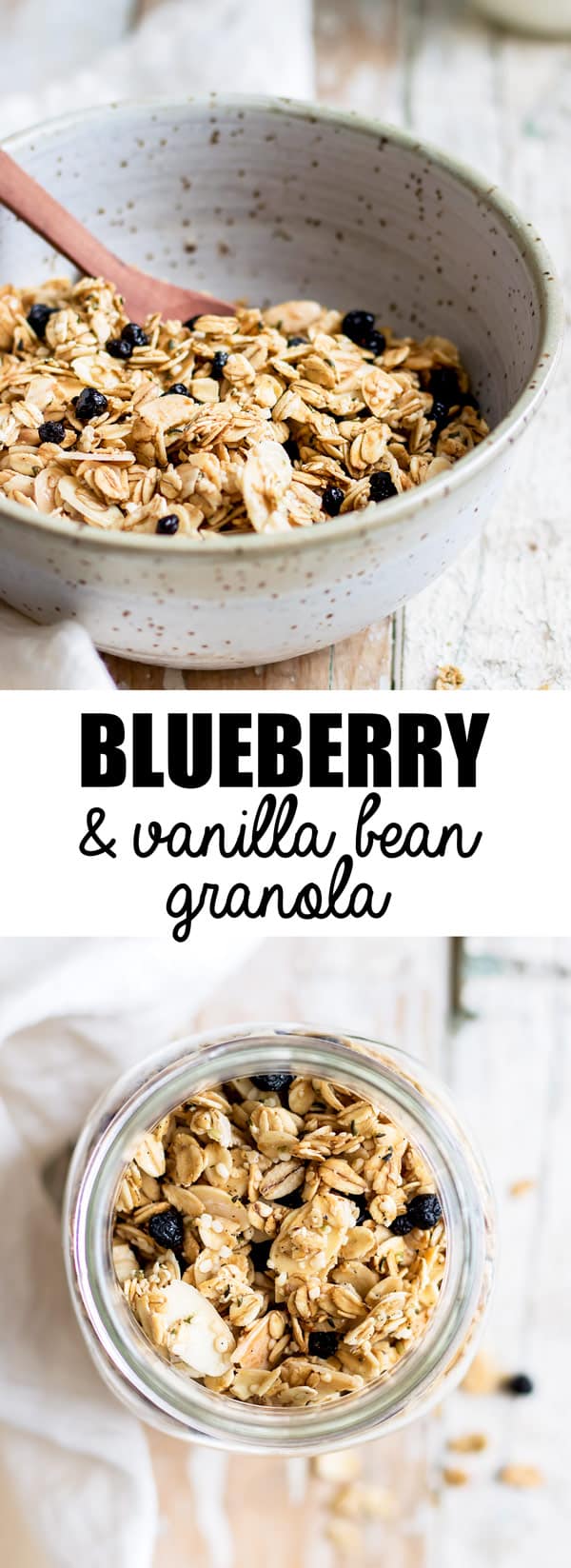 This blueberry, maple & vanilla bean granola is a healthy recipe that is so easy to make and is refined-sugar free!