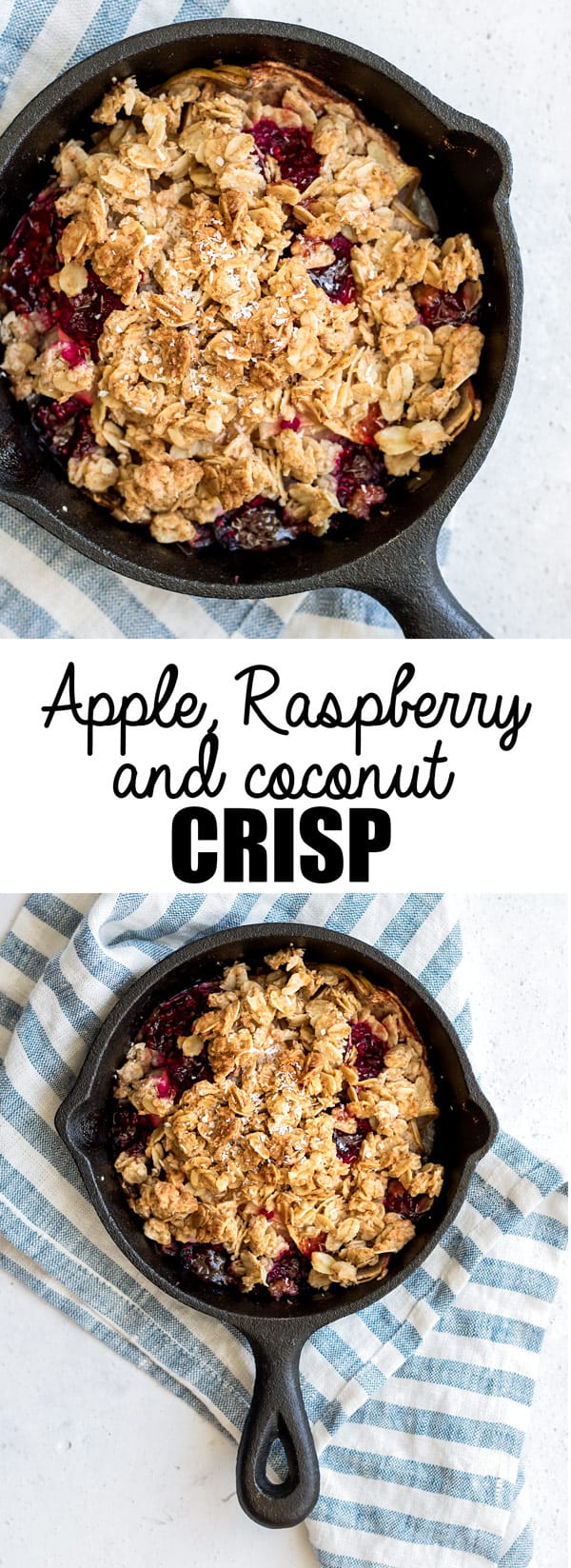 This apple, raspberry+coconut crisp is a healthy crisp that can even be enjoyed for breakfast. Apples get baked up with oozy raspberries then topped with a crumbly topping of oats and shredded coconut!