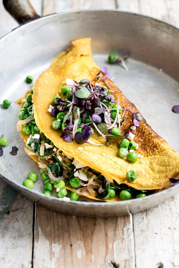 vegan omelette with spring peas is a healthy breakfast recipe