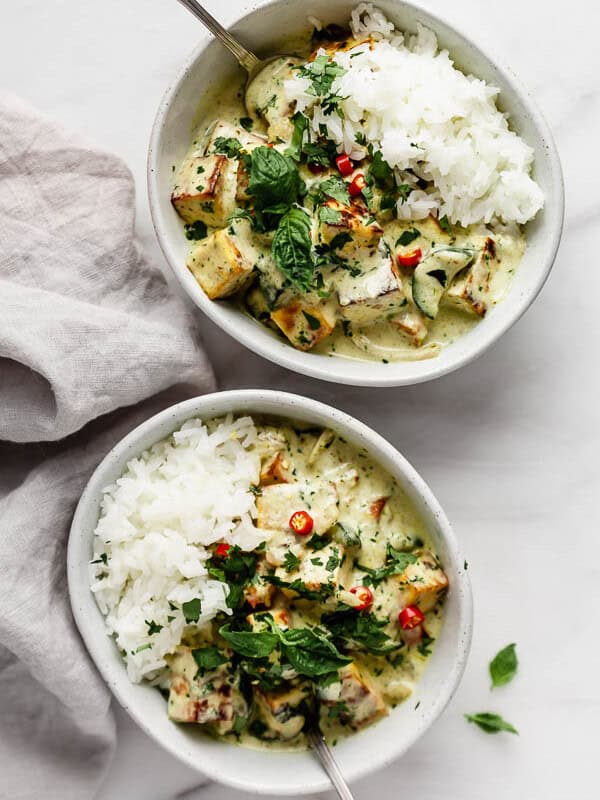 two bowls of thai green curry tofu