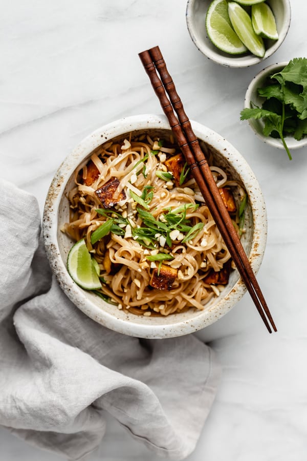 a bowl of vegan pad thai with tofu