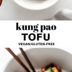 kung pao tofu in a while bowl with chopsticks on the side