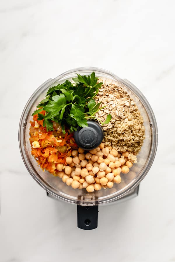 chickpea veggie burger ingredients in a food processor