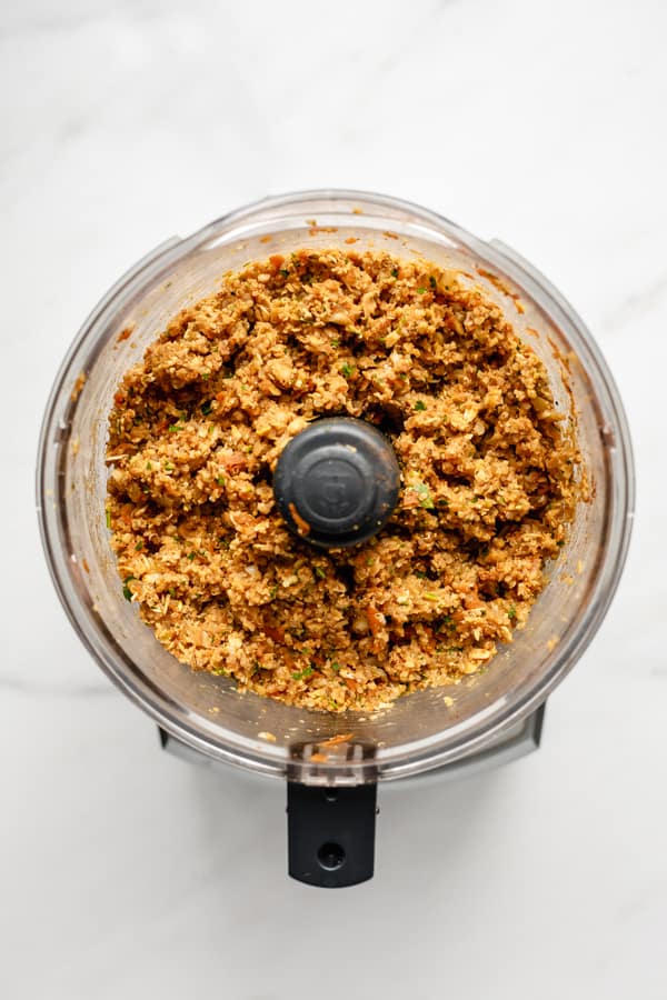 chickpea veggie burger mix in a food processor