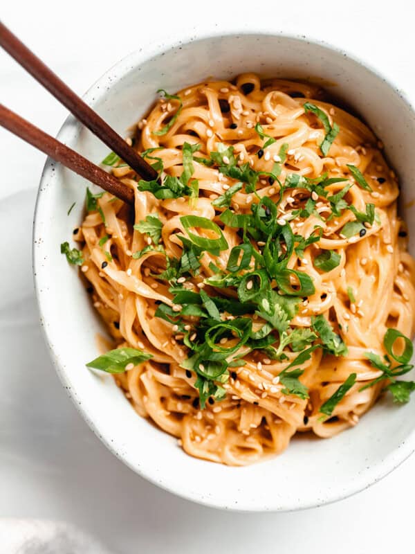 a bowl of red curry noodles topped with green onion and cilantro