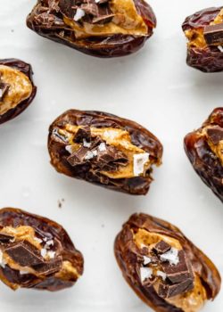 dates stuffed with almond butter and topped with chocolate and sea salt