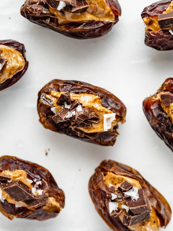 dates stuffed with almond butter and topped with chocolate and sea salt