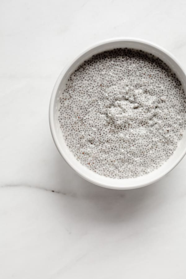 chia pudding in a white bowl