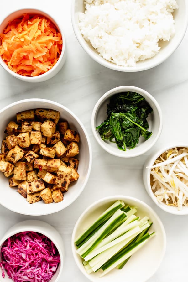 a flat lay of ingredients for a vegan bibimbap