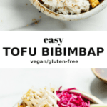 a bowl with tofu, rice and vegetables