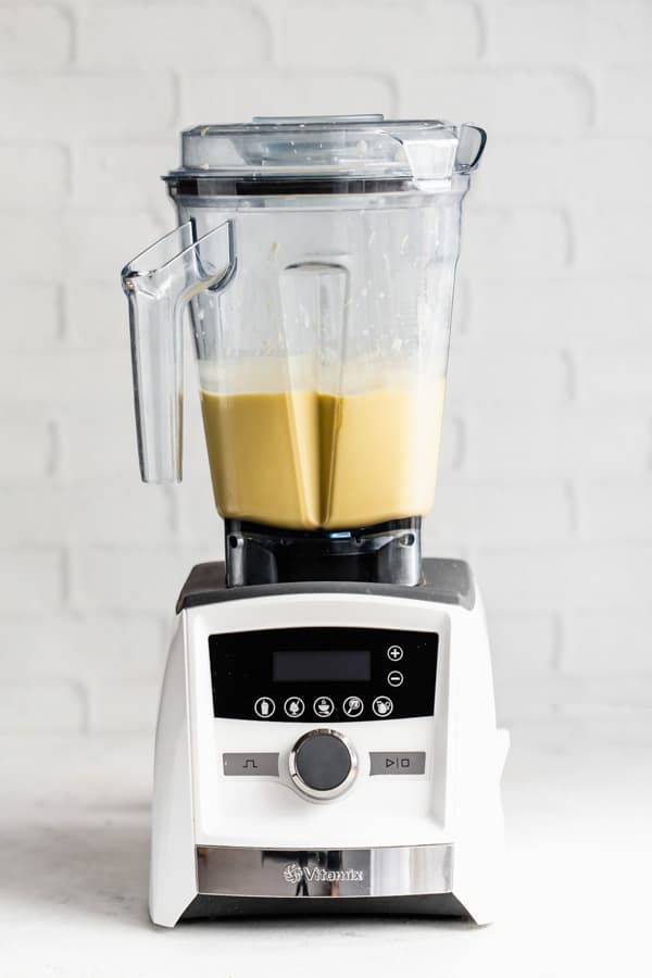 a vitamix with vegan mango lassi inside