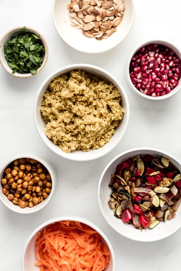 a flat lay of ingredient to make a Moroccan quinoa salad