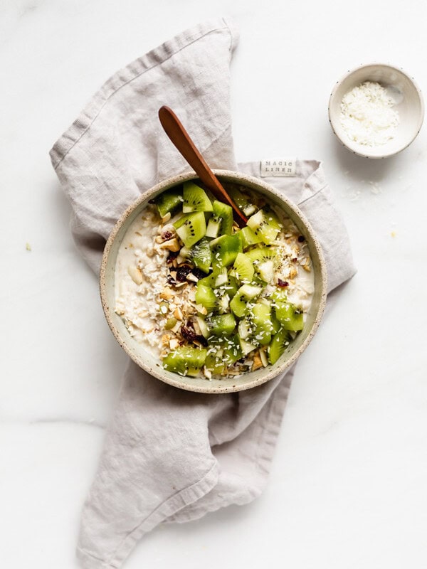 a bowl of bircher muesli on a napkin