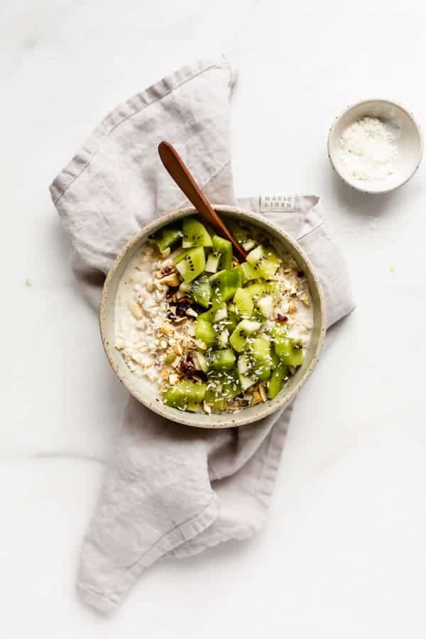 a bowl of bircher muesli on a napkin