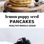 a stack of pancakes on a wood board